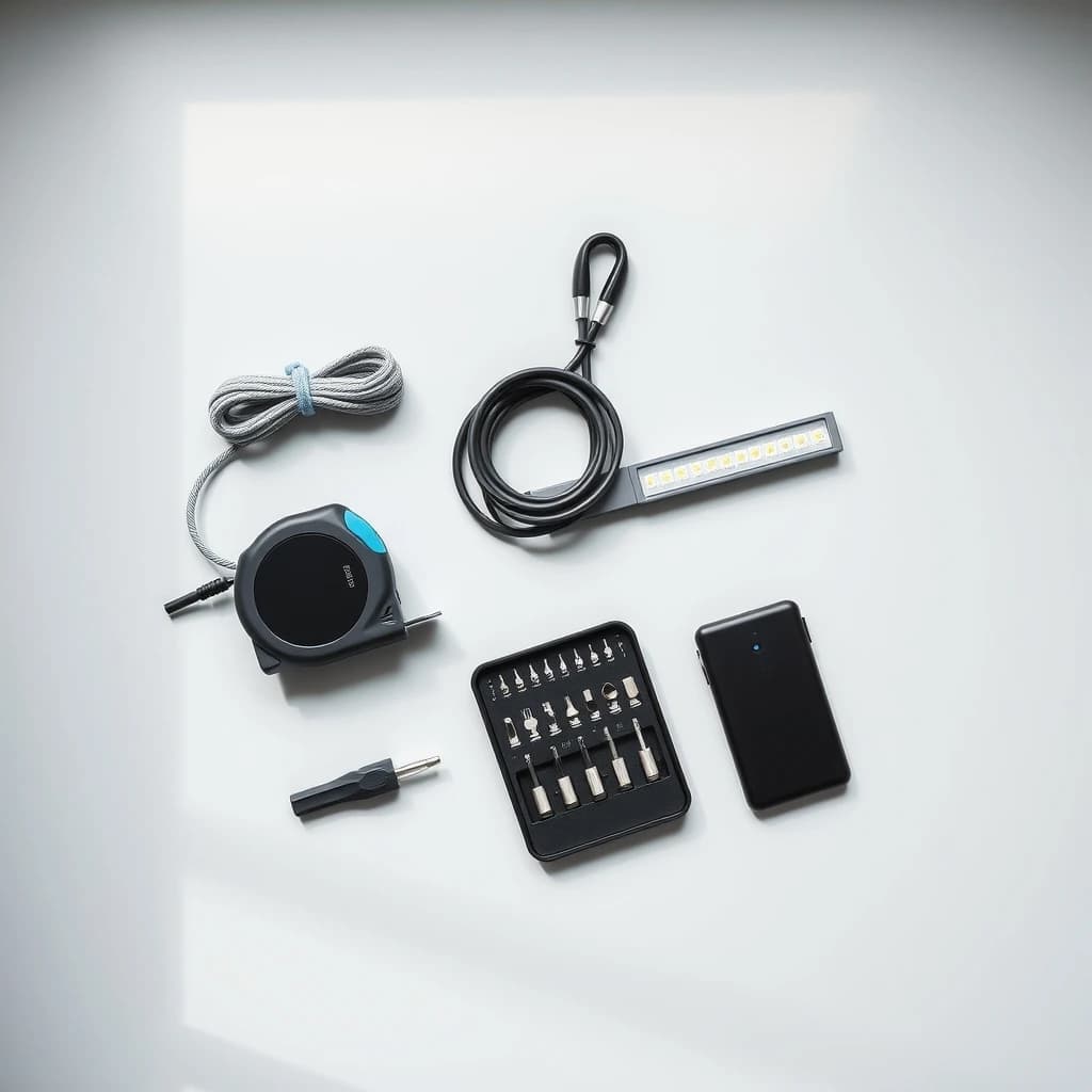 A tape measure, a braided cable, an LED light bar, a bit set and a power bank laid out on a light surface