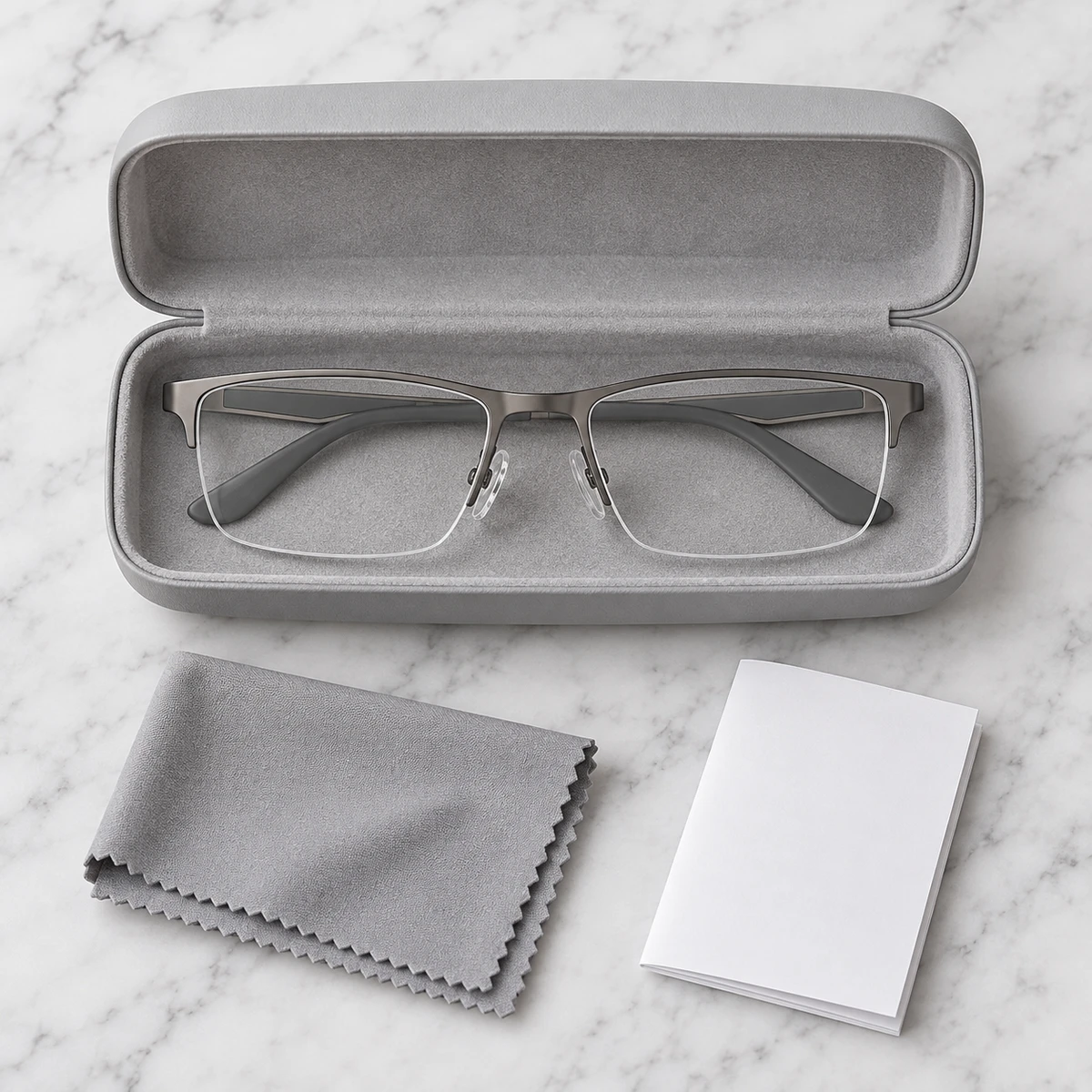 Gafas plegadas en su estuche, con paño y manual