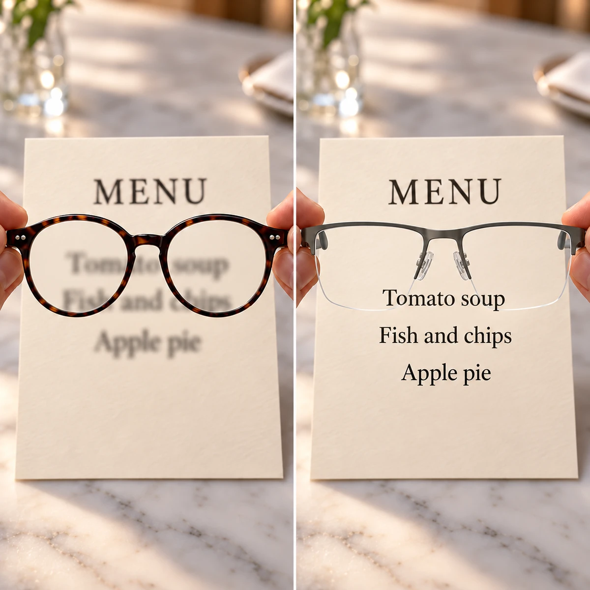 To samo menu: po lewej w zwykłych okularach tekst jest rozmazany, po prawej w okularach AutoVision wyraźny