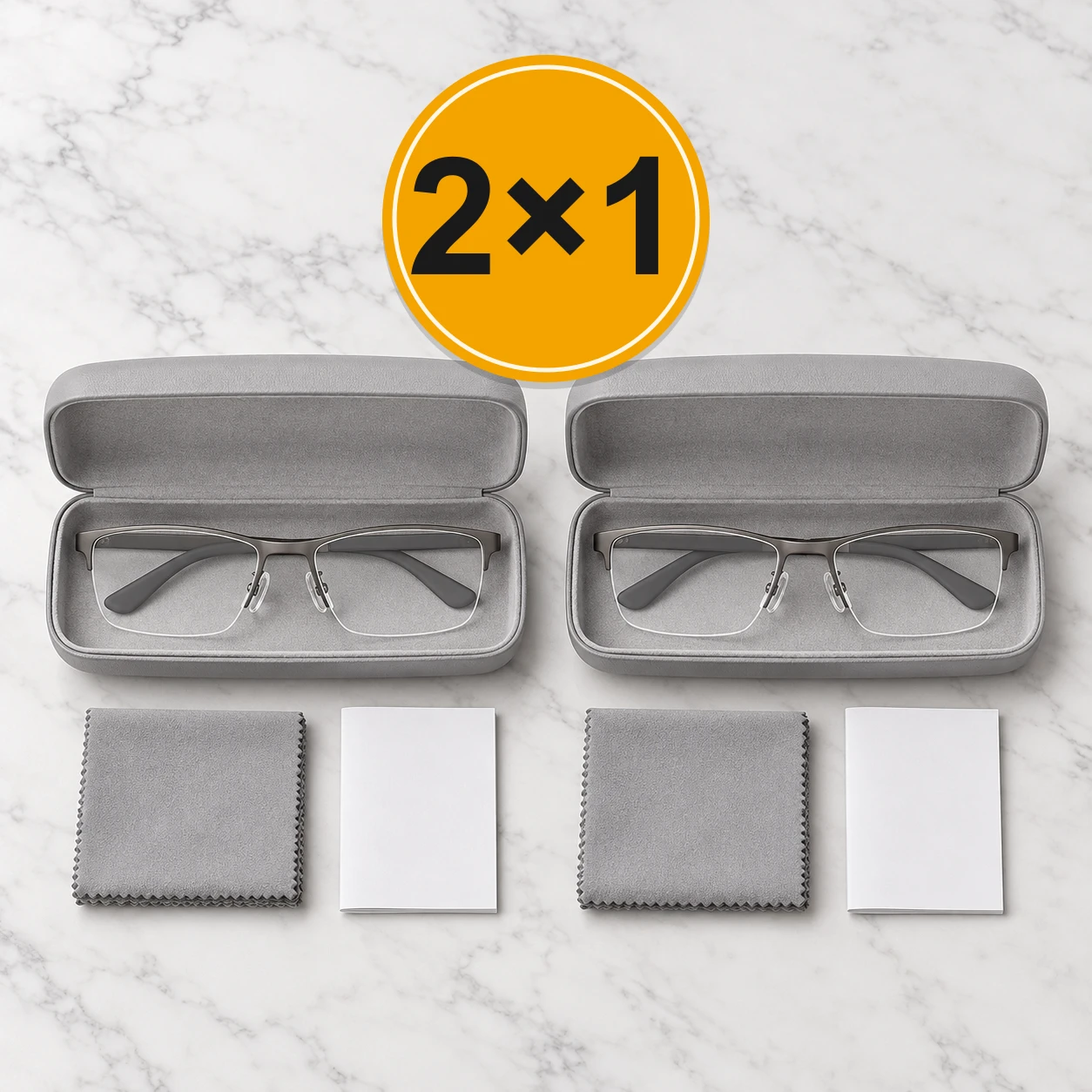 Dwie pary okularów, każda w swoim etui, ze ściereczkami i instrukcjami: oferta 2×1